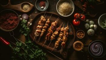 ai generato un' buongustaio messicano pasto con grigliato carne, fresco la verdura, e salsa generato di ai foto