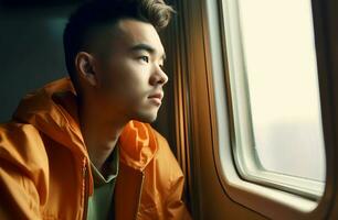 giovane uomo guardare su finestre su aereo. creare ai foto
