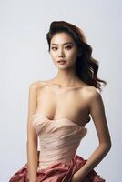 ritratto di un asiatico donna nel un' di moda vestito Impressionante un' posa. ai generato foto