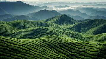 ai generato verde tè piantagione, superiore Visualizza struttura foto