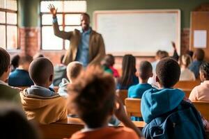 insegnanti giorno - dedito afro-discendente studenti nel il aula con un' insegnante insegnamento. su insegnanti giorno, noi celebrare il passione per insegnamento e il amore di apprendimento. ai creare foto