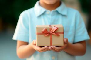 figli di giorno - un' bambino ricevente o dando un' regalo. figli di giorno è un' commemorativo Data, celebre ogni anno nel onore di bambini. ogni nazione ha un' celebrazione Data. ai generativo foto