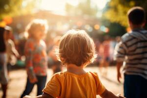 figli di giorno - ragazzi e ragazze giocando insieme, radiante sorrisi schiarimento il giorno. un' del bambino Sorridi è il più grande ricchezza nel il mondo.. ai generativo foto