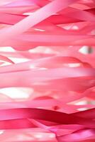 rosa ottobre - combattimento contro Seno cancro. nastri appendere nel morbido rosa toni, un' simbolo di consapevolezza per il presto rivelazione di Seno cancro. nastri nel diverso occhiali da sole di rosa. ai generativo foto