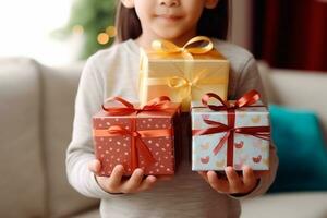 figli di giorno - un' bambino ricevente o dando un' regalo. figli di giorno è un' commemorativo Data, celebre ogni anno nel onore di bambini. ogni nazione ha un' celebrazione Data. ai generativo foto