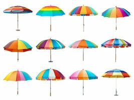 ai generato colorato spiaggia ombrello collezione isolato su bianca sfondo foto