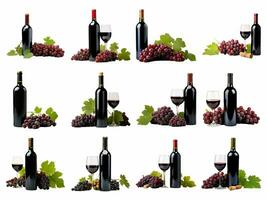 rosso vino bottiglia con vino uva collezione isolato su bianca sfondo con ai generato. foto