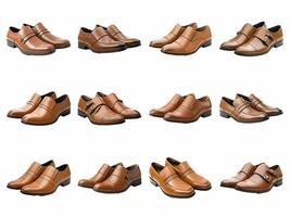 Marrone elegante pelle scarpe scivolare su uomini collezione isolato su bianca sfondo con ai generato. foto