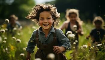 ai generato sorridente bambino all'aperto, felicità nel natura, estate allegro infanzia generato di ai foto