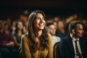 attività commerciale donna altoparlante avendo incontro. ai generato foto