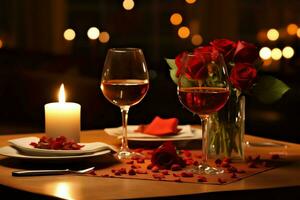 ai generato tavolo decorato per un' romantico cena con Due Champagne occhiali, mazzo di rosso Rose o candela concetto di ai generato foto