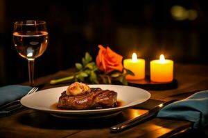 ai generato tavolo decorato per un' romantico cena con Due Champagne occhiali, mazzo di rosso Rose o candela concetto di ai generato foto