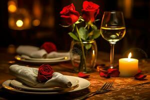 ai generato tavolo decorato per un' romantico cena con Due Champagne occhiali, mazzo di rosso Rose o candela concetto di ai generato foto