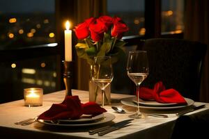 ai generato tavolo decorato per un' romantico cena con Due Champagne occhiali, mazzo di rosso Rose o candela concetto di ai generato foto