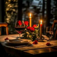 ai generato tavolo decorato per un' romantico cena con Due Champagne occhiali, mazzo di rosso Rose o candela concetto di ai generato foto