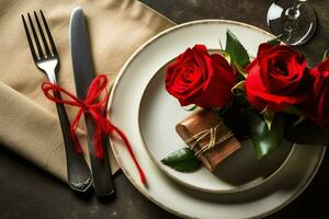 ai generato tavolo decorato per un' romantico cena con Due Champagne occhiali, mazzo di rosso Rose o candela concetto di ai generato foto