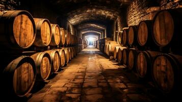 vino botti impilati nel il vecchio cantina di il azienda vinicola. generativo ai foto