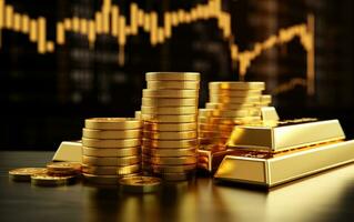 investimento crescita concetto con pila di oro su azione mercato grafico sfondo. generativo ai foto