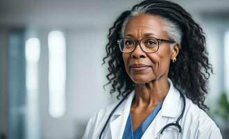 ai generato mezzo anziano africano americano donna medico nel Ospedale, bianca colori. Questo foto era generato utilizzando terreno di gioco ai