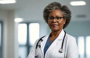 ai generato mezzo anziano africano americano donna medico nel Ospedale, bianca colori. foto generato utilizzando leonardo ai