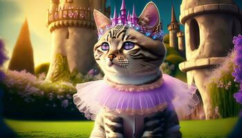 ai generato fantasia Immagine di un' gatto indossare un' tutu con un' castello nel il sfondo foto