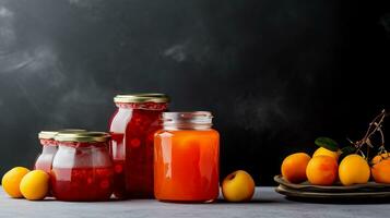 ai generato frutta composta e fatti in casa marmellata nel un' vaso su un' grigio sfondo. fresco mele su il tavolo. fatti in casa albicocca marmellata nel un' bicchiere vaso e fresco frutta su un' buio sfondo. foto