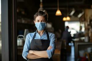 ai generato sorridente donna indossare un' viso maschera, in piedi dietro a il contatore di sua caffè negozio. Là siamo un' pochi i clienti seduta a il tavoli, chat e godendo loro caffè. foto