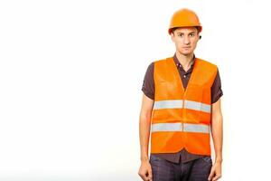 sorridente lavoratore nel protettivo uniforme e protettivo casco isolato su bianca foto