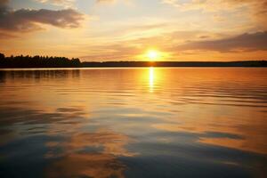 tramonto riflessione su un' calma lago superficie. ai generato foto