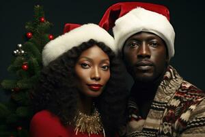 ai generato africano americano uomo e donna nel Santa cappelli guardare a telecamera, nero uomo e un' donna indossare Natale cappelli, ai generato foto