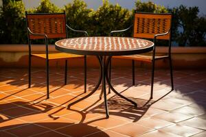 mediterraneo stile mosaico piastrella caffè tavolo per all'aperto terrazza con caldo terracotta. ai generato foto