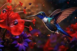 ai generato colibrì con fiori nel il sfondo. collage. 3d rendering, blu colibrì viola sabrewing volante Il prossimo per bellissimo rosso fiore, ai generato foto