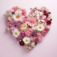 ai generato il cuore è foderato con bellissimo rosa e bianca fiori su un' rosa sfondo foto