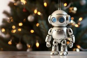 ai generato un' nuovo anni giocattolo nel il modulo di un' robot su un' Natale sfondo. copia spazio. foto