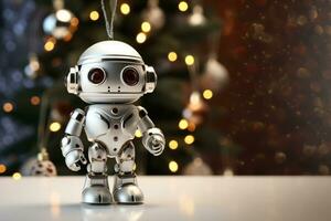 ai generato un' nuovo anni giocattolo nel il modulo di un' robot su un' Natale sfondo. copia spazio. foto