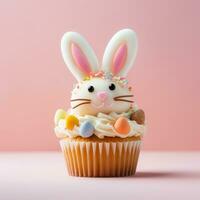 ai generato Pasqua Cupcake con un' arredamento nel il modulo di un Pasqua coniglietto foto
