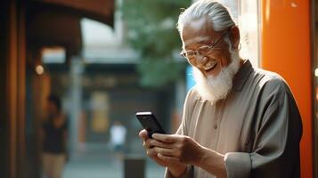 ritratto di anziano Cinese uomo utilizzando smartphone. generativo ai. foto
