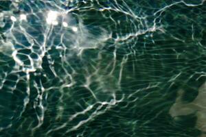 blu acqua con increspature su il superficie. defocus sfocato trasparente bianco nero colorato chiaro calma acqua superficie struttura con spruzzo e bolle. acqua onde con splendente modello struttura sfondo. foto