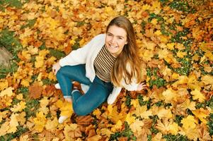 superiore Visualizza autunno ritratto di contento giovane femmina modello ragazza seduta su giallo foglie, guardare dritto a telecamera foto