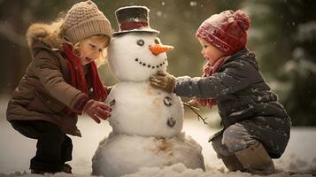 bambini giocare all'aperto nel neve. all'aperto divertimento per famiglia Natale vacanza. giocando all'aperto. contento bambino avendo divertimento con pupazzo di neve. foto