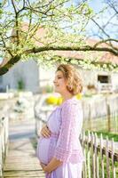 all'aperto ritratto di contento incinta donna godendo simpatico soleggiato giorno nel primavera giardino foto