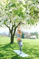 all'aperto ritratto di contento giovane incinta donna praticante youga nel primavera giardino sotto fioritura Mela alberi, salutare stile di vita foto