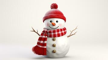 un' pupazzo di neve, sportivo un' rosso sciarpa e Santa cappello, si siede solo su un' bianca sfondo. foto