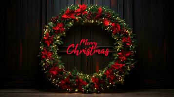 vivace rosso e verde Natale ghirlanda con scintillio luci, segnalazione il arrivo di gioioso celebrazioni foto