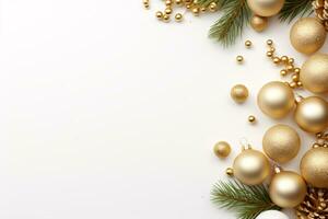 un' d'oro colorato, festivo scena con Natale arredamento su un' bianca sfondo con ampio camera per testo Perfetto per un' celebrativo cartolina o invito. foto