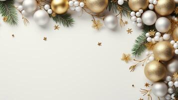 un' allegro composizione di oro Natale abbellimenti contro un' bianca sfondo, Perfetto per carte o invita, visto a partire dal sopra. foto
