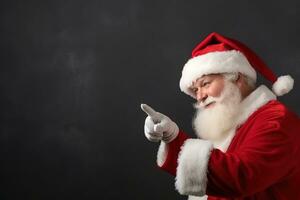 ai generato Santa Claus puntamento a qualcosa su un' lavagna foto