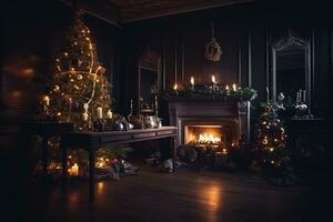 ai generato Natale albero nel un' buio camera con candele e un' camino foto