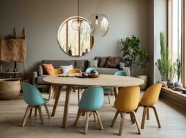 ai generato semplice minimalista cenare tavolo fatto di Di legno. medievale scandinavo Casa interno design di moderno vivente camera. foto