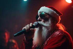 ai generato Santa Claus cantando in un' microfono foto